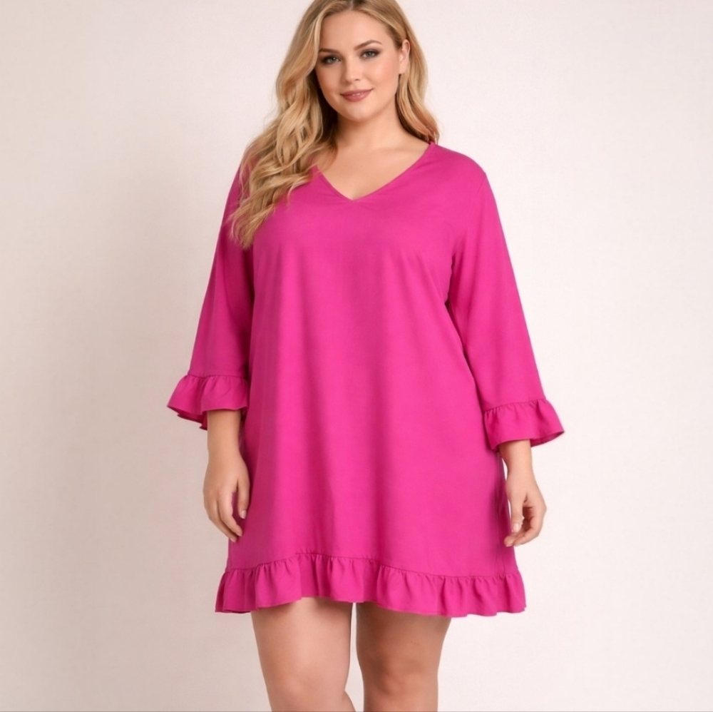 Hot Pink Bell Sleeve Boho Ruffle  Hem Shift Dress V-Neck Mini Size2XL Barbiecore